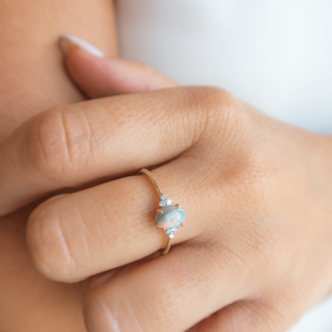 Wearing Ariel Opal and Diamond Ring - Close View