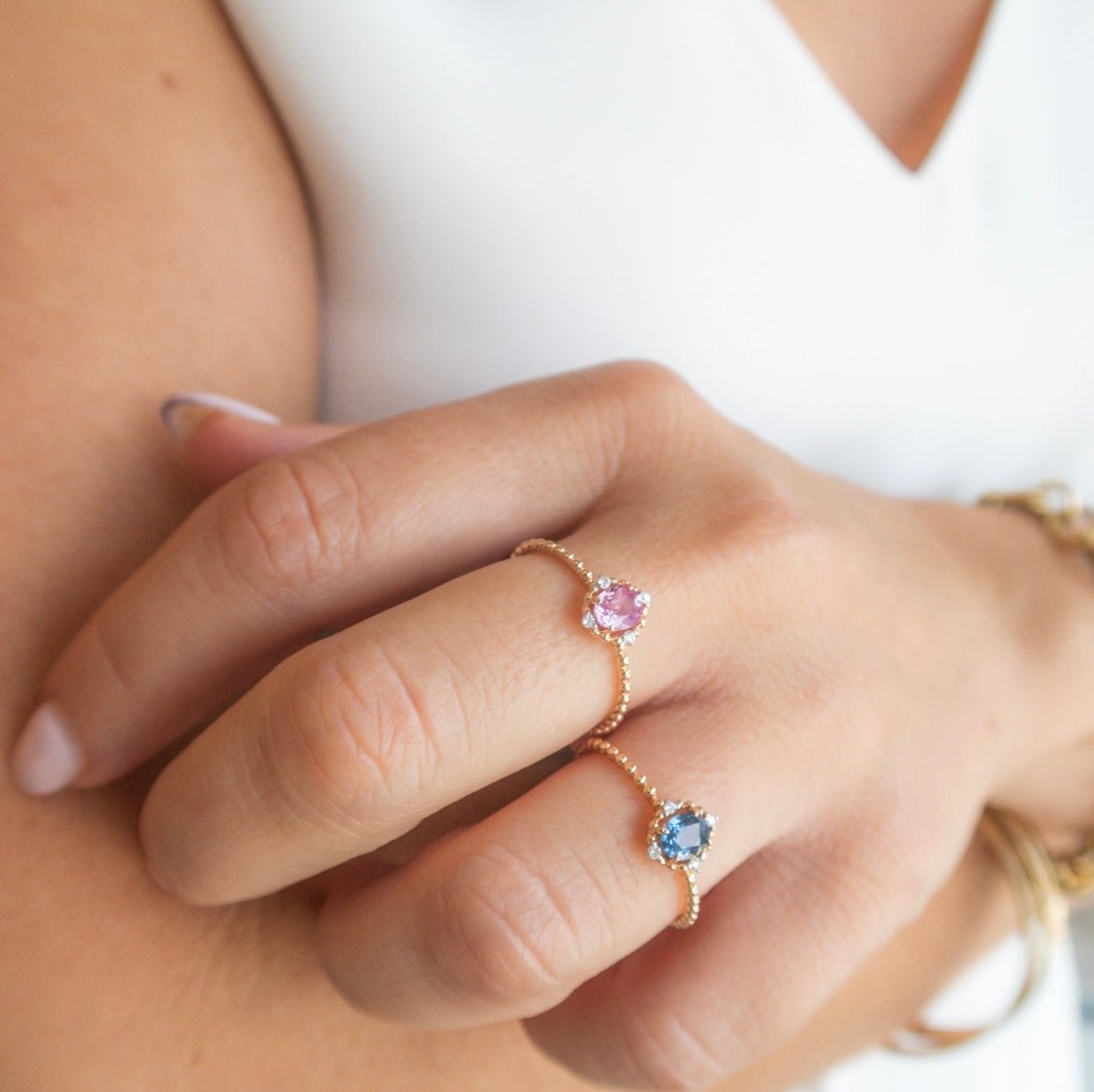 Wearing Two Aurora Tourmaline and Diamond Rings
