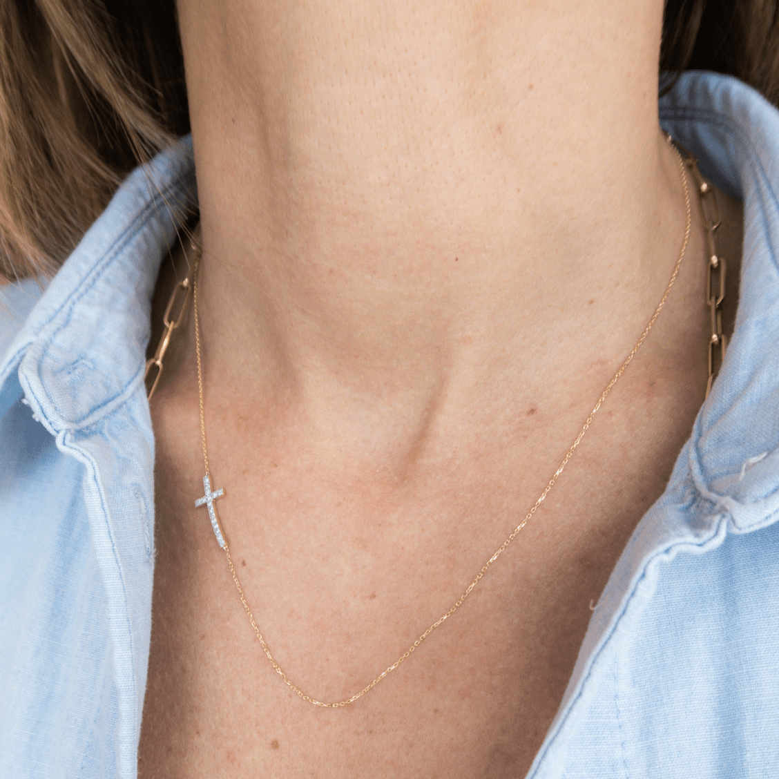 Wearing Sideways Diamond Cross Necklace - 1