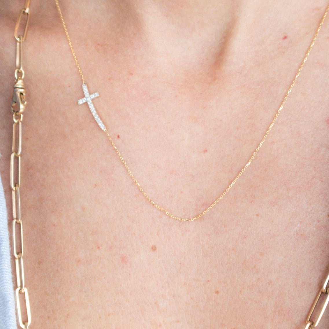 Wearing Sideways Diamond Cross Necklace - 2
