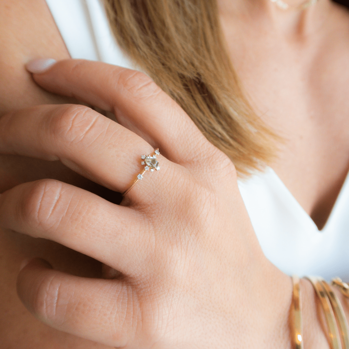 Wearing Soft Hue Peridot Milgrain Ring - 2