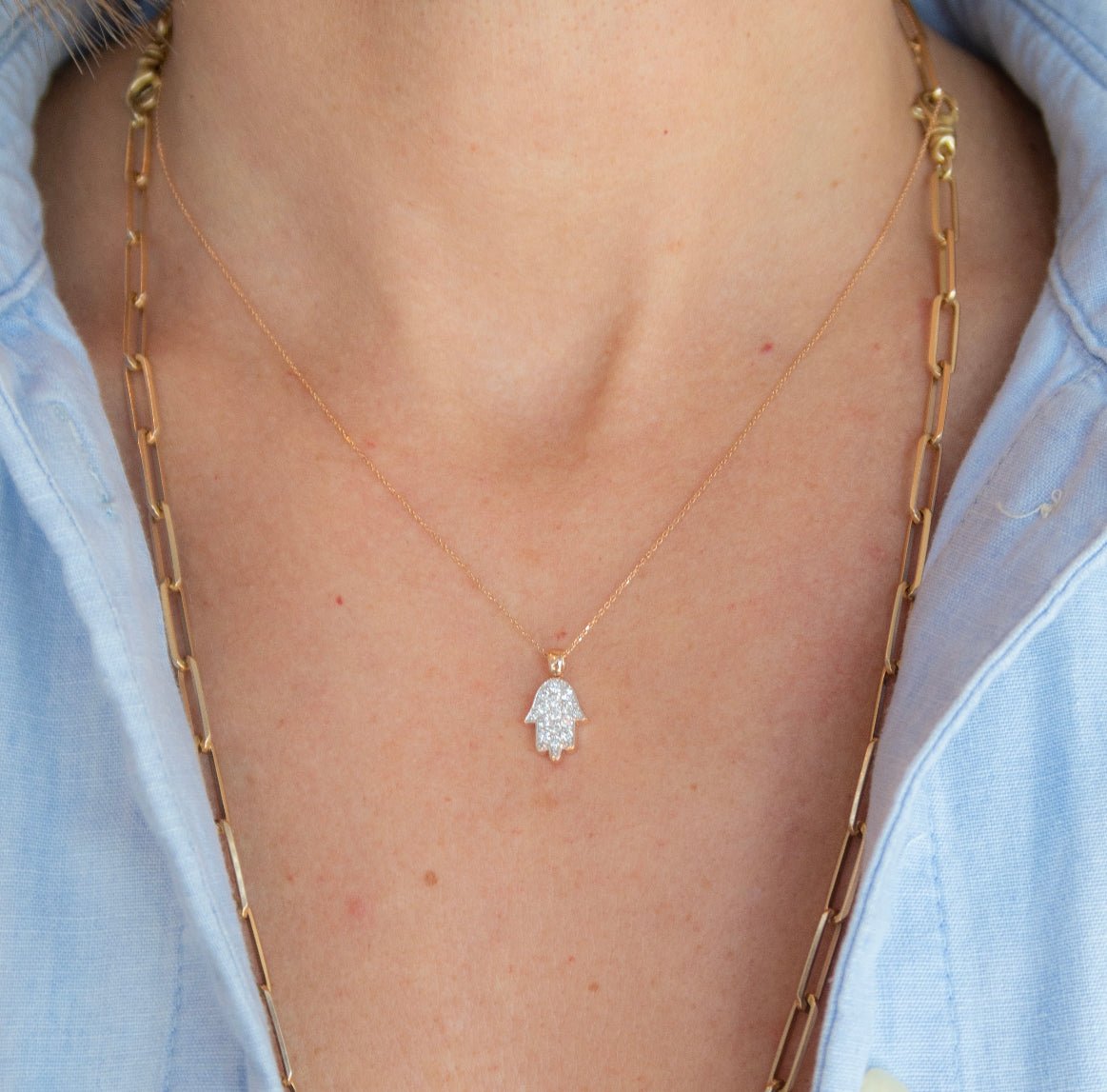 Wearing Diamond Hamsa Necklace