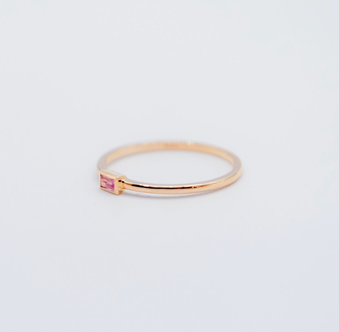 Mini Bezel Baguette Cut Pink Sapphire Ring - Side View