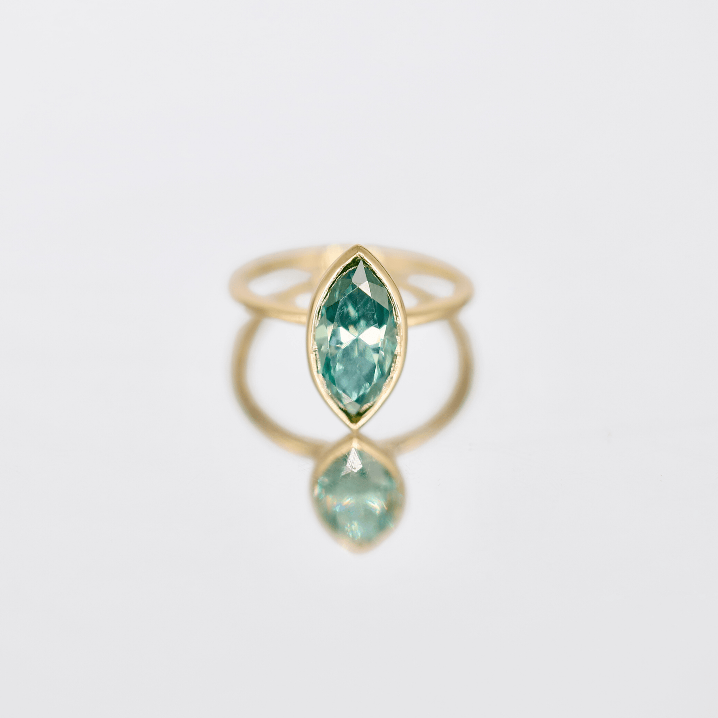 Zara | Bezel-Set Marquise Cut Blue-Green Moissanite Ring –