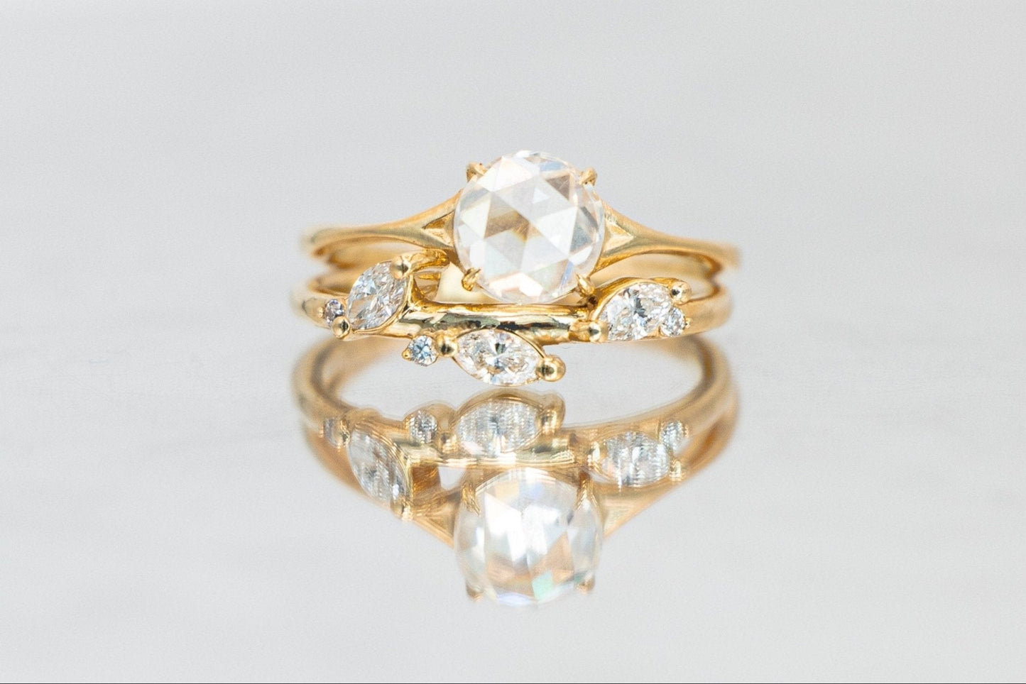 Round Rose Cut Center Stone Ziva Ring - Close View