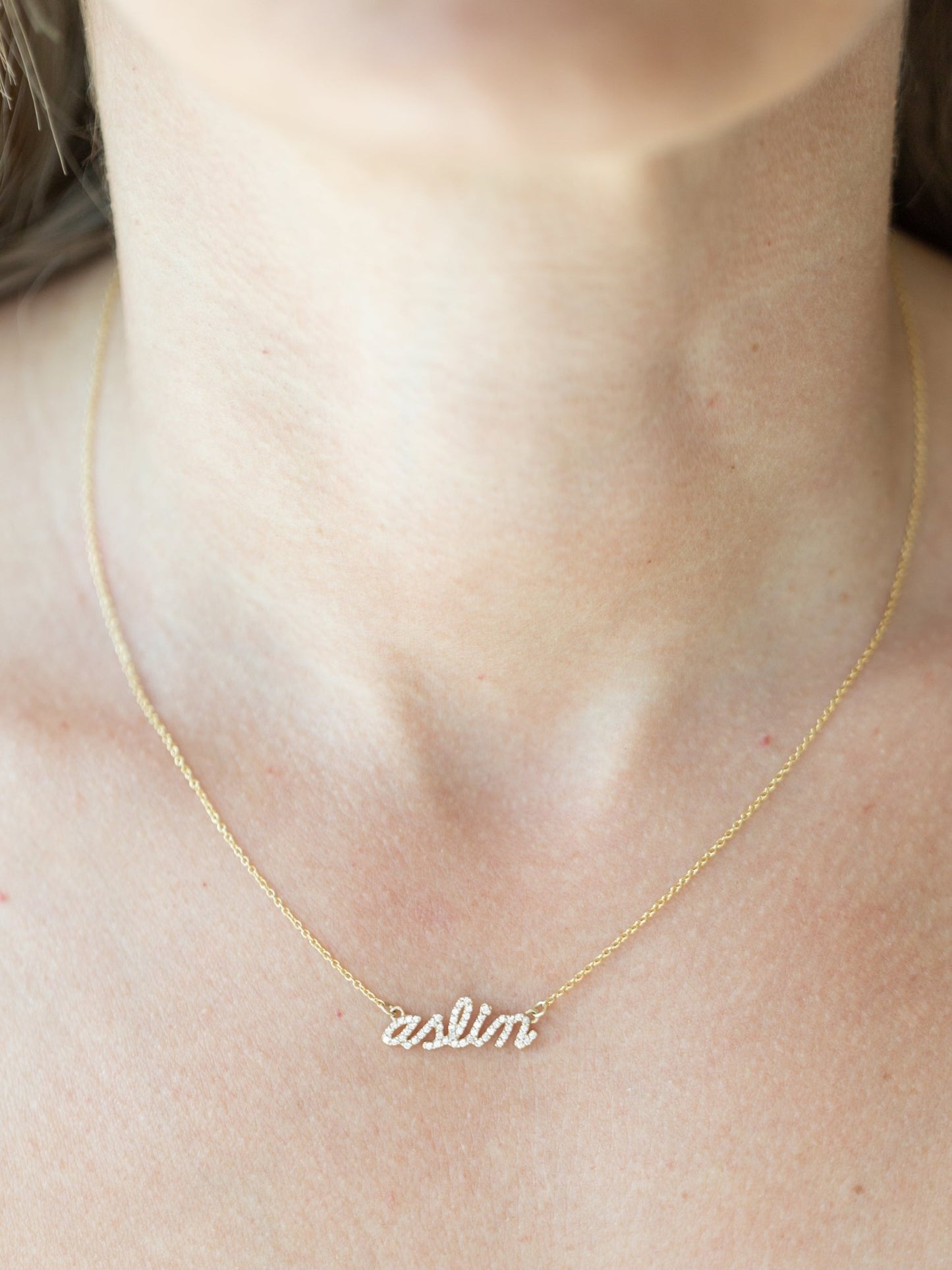 Wearing Diamond Cursive Name Personalized Necklace