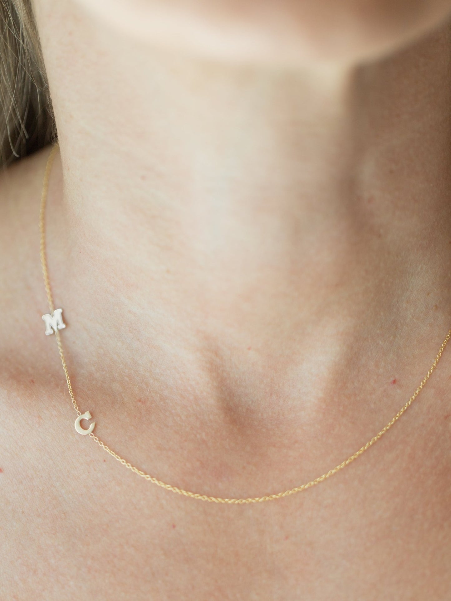 Wearing Double Small Initial Personalized Necklace