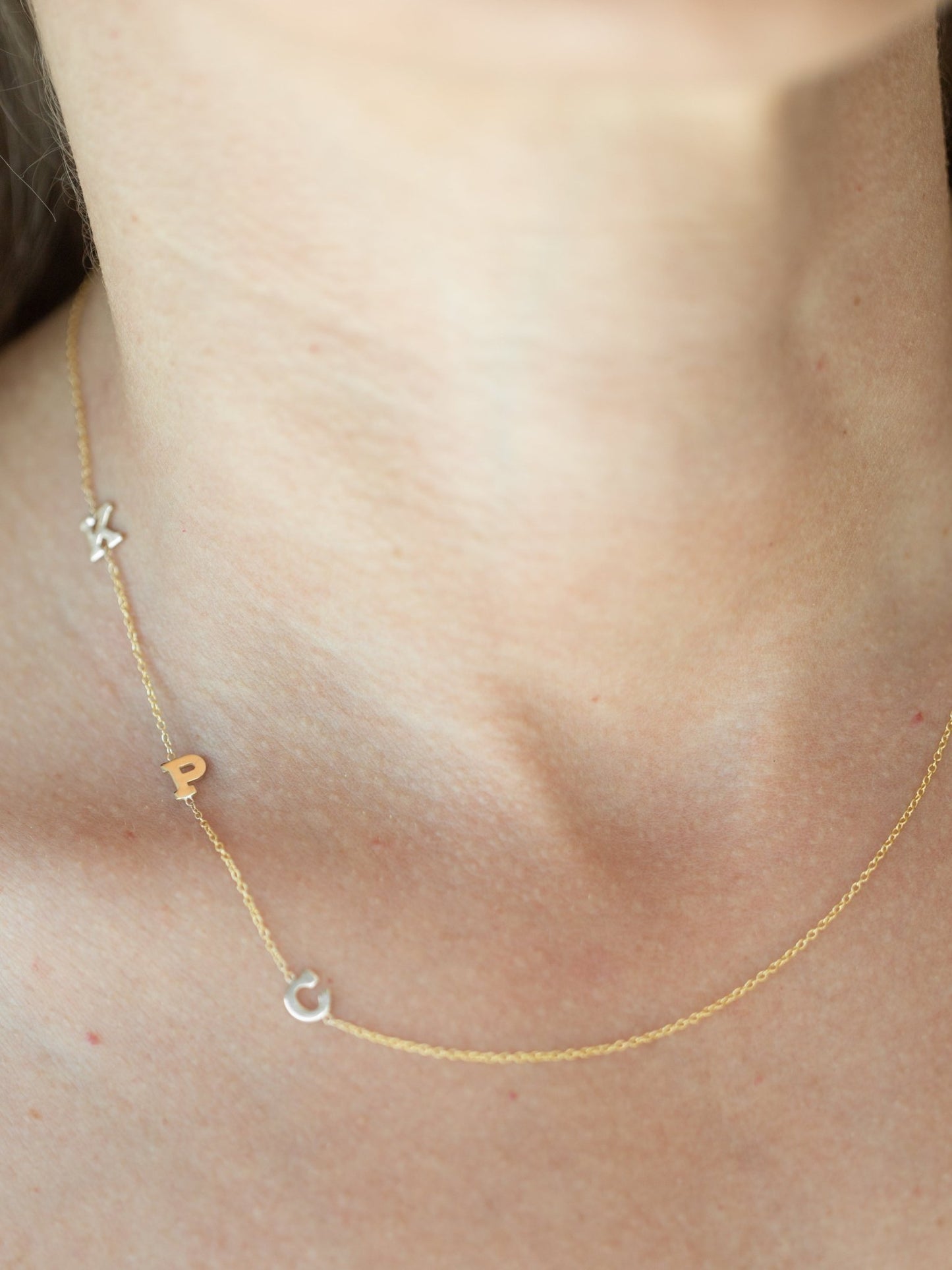 Wearing Triple Small Initial Personalized Necklace