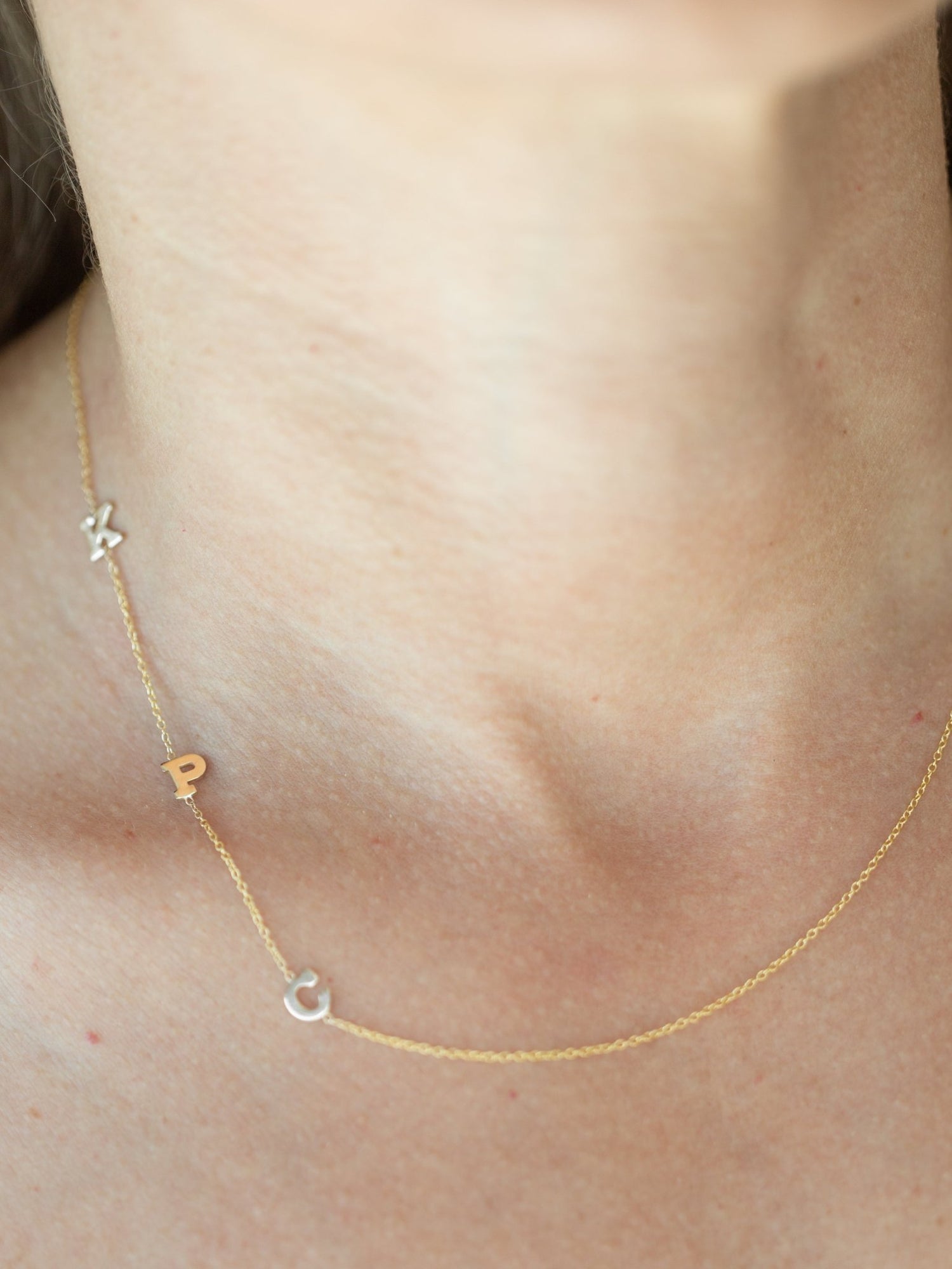 Wearing Triple Small Initial Personalized Necklace