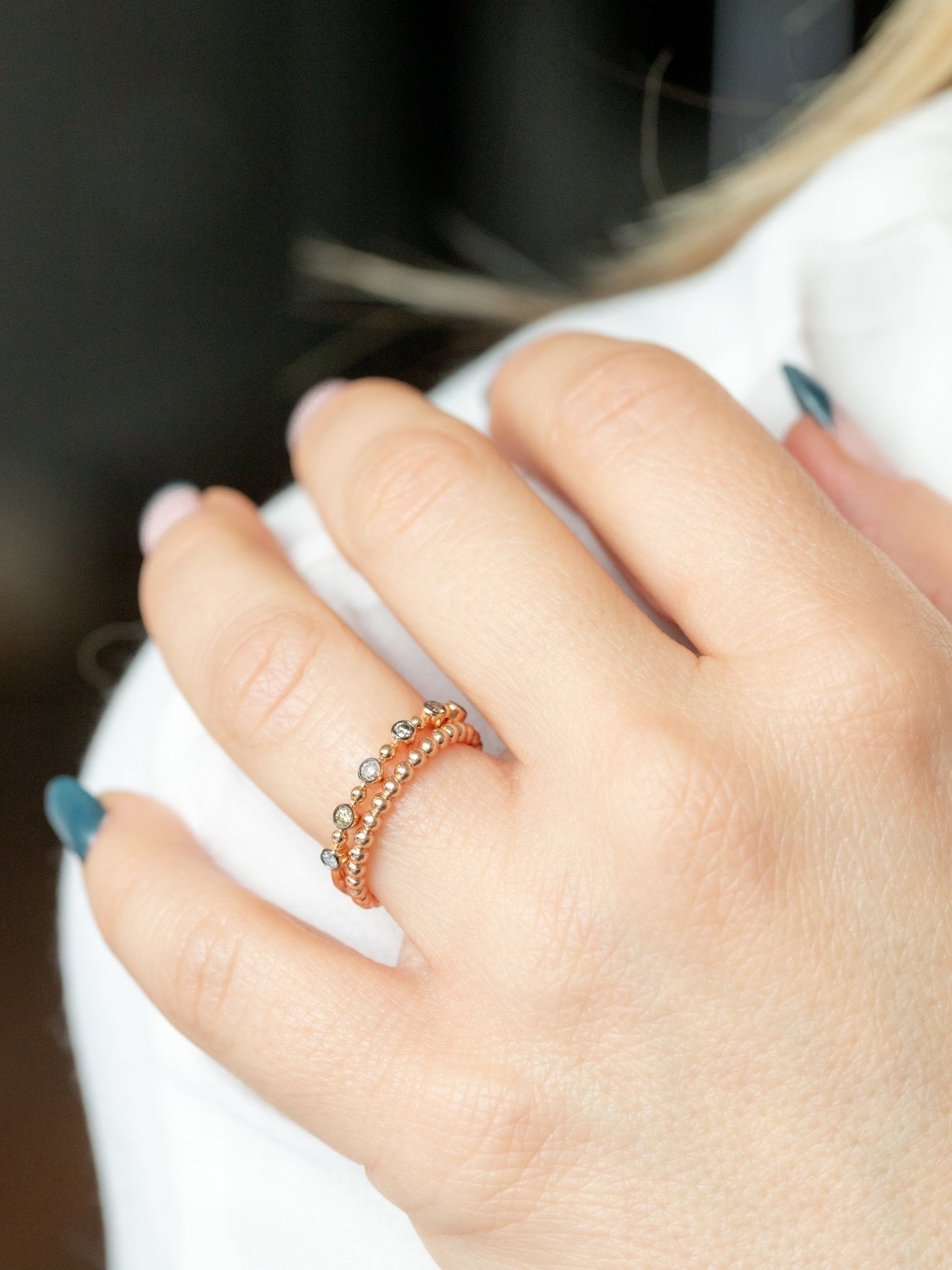 Wearing Amelia Champagne Diamond Bead Ring