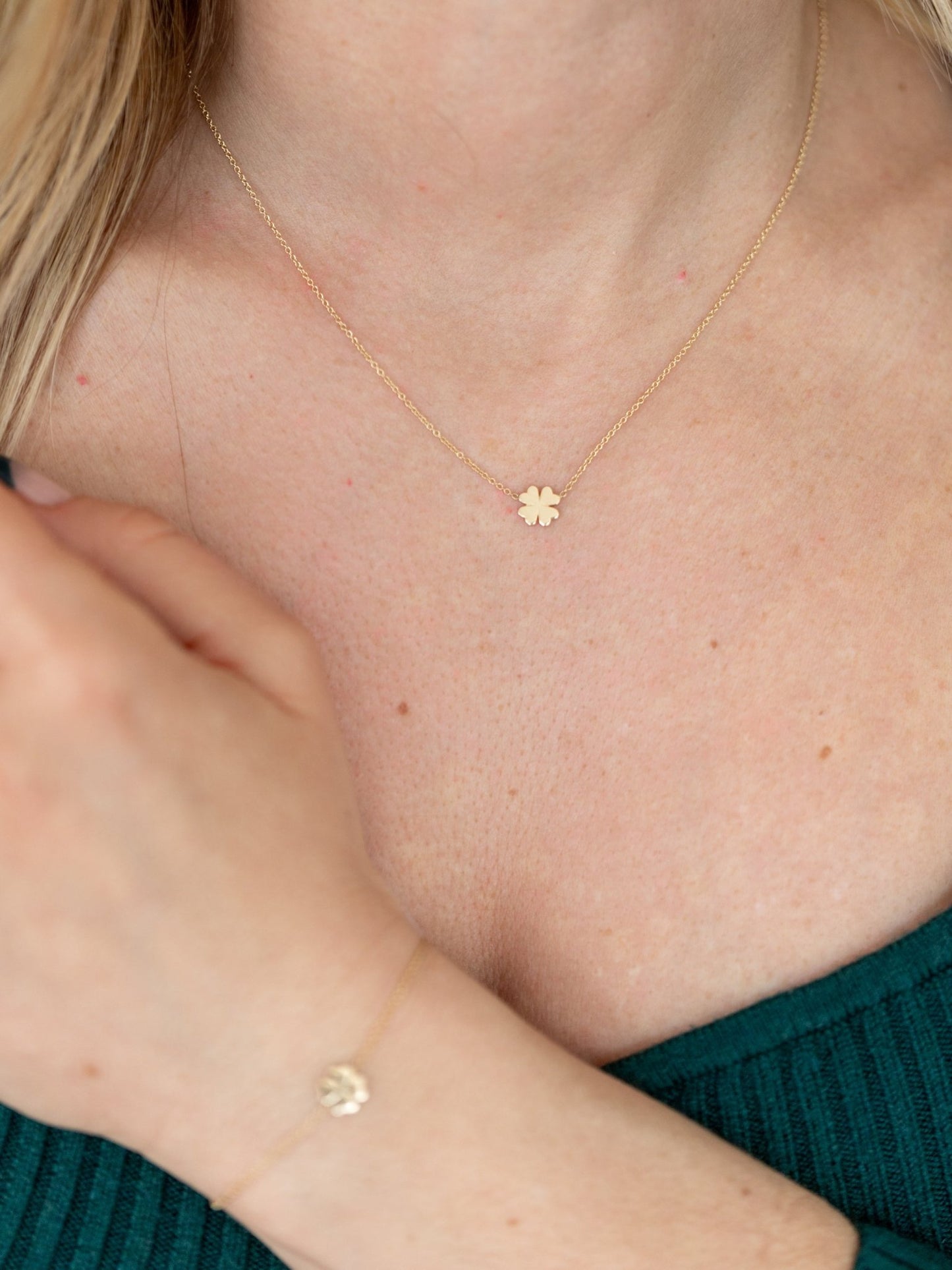Wearing Mini Lucky Clover Necklace
