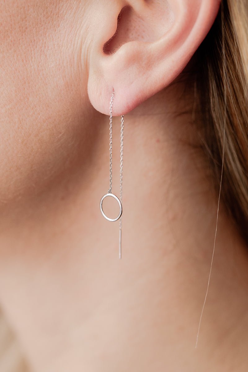 Wearing Minimalist Circle Threader Earrings - 1