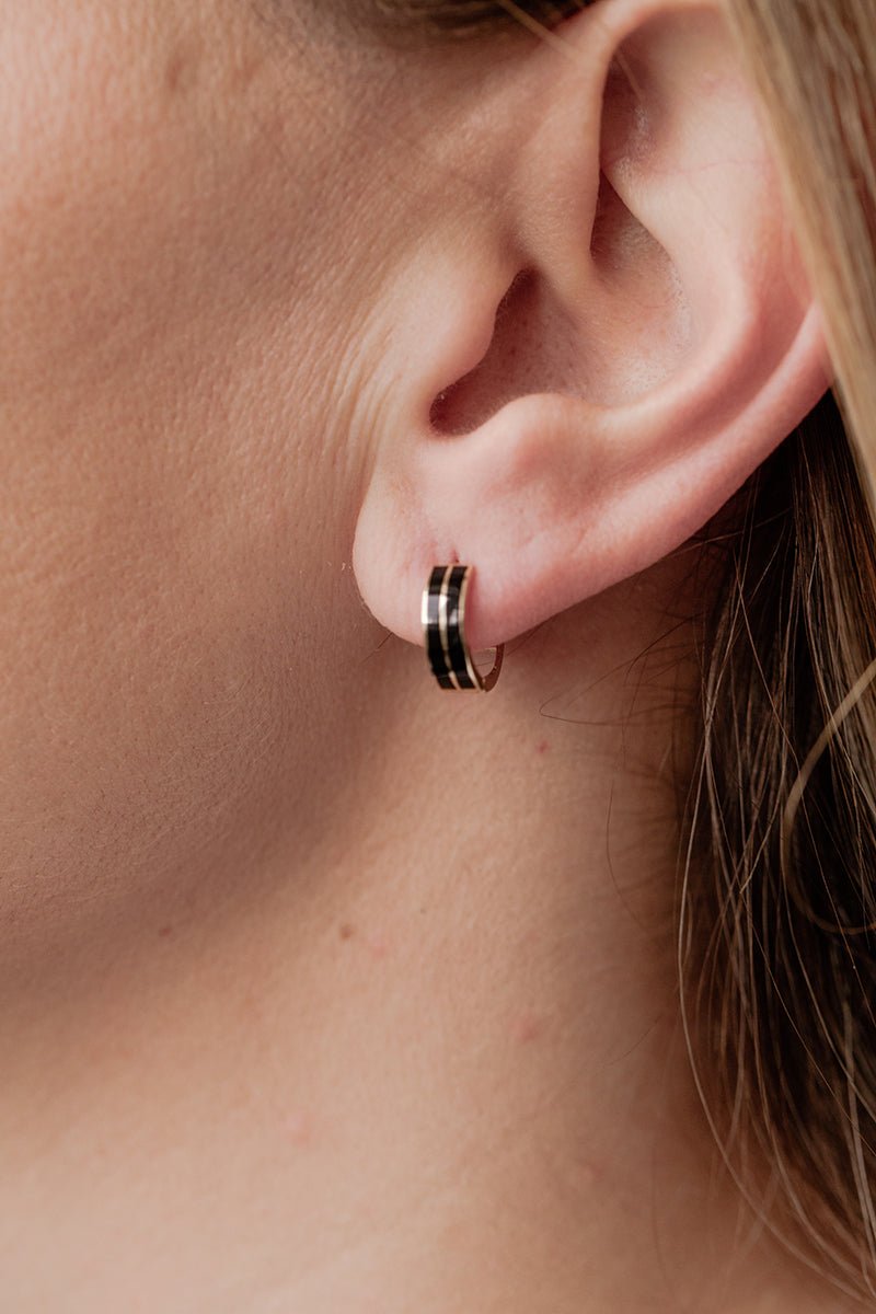 Black Enamel and Gold Huggie Double