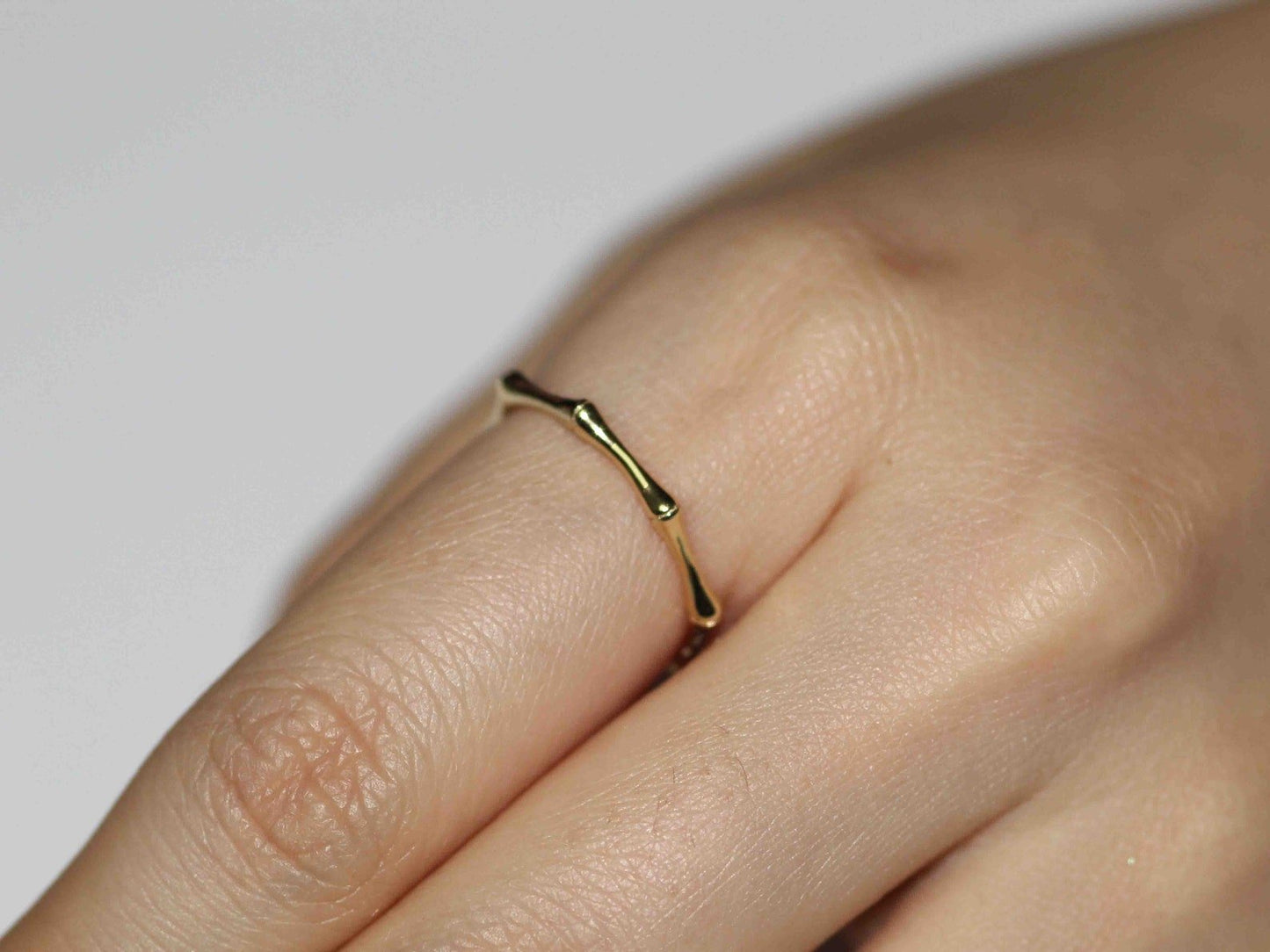 14K Solid Gold Dainty Bamboo Ring - Close View