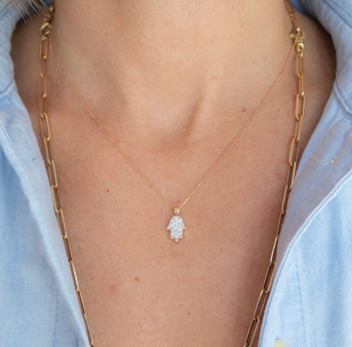 Wearing Diamond Hamsa Necklace