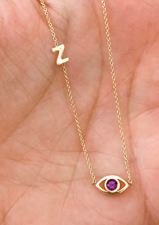 14K Mavi Evil Eye and Initial Necklace