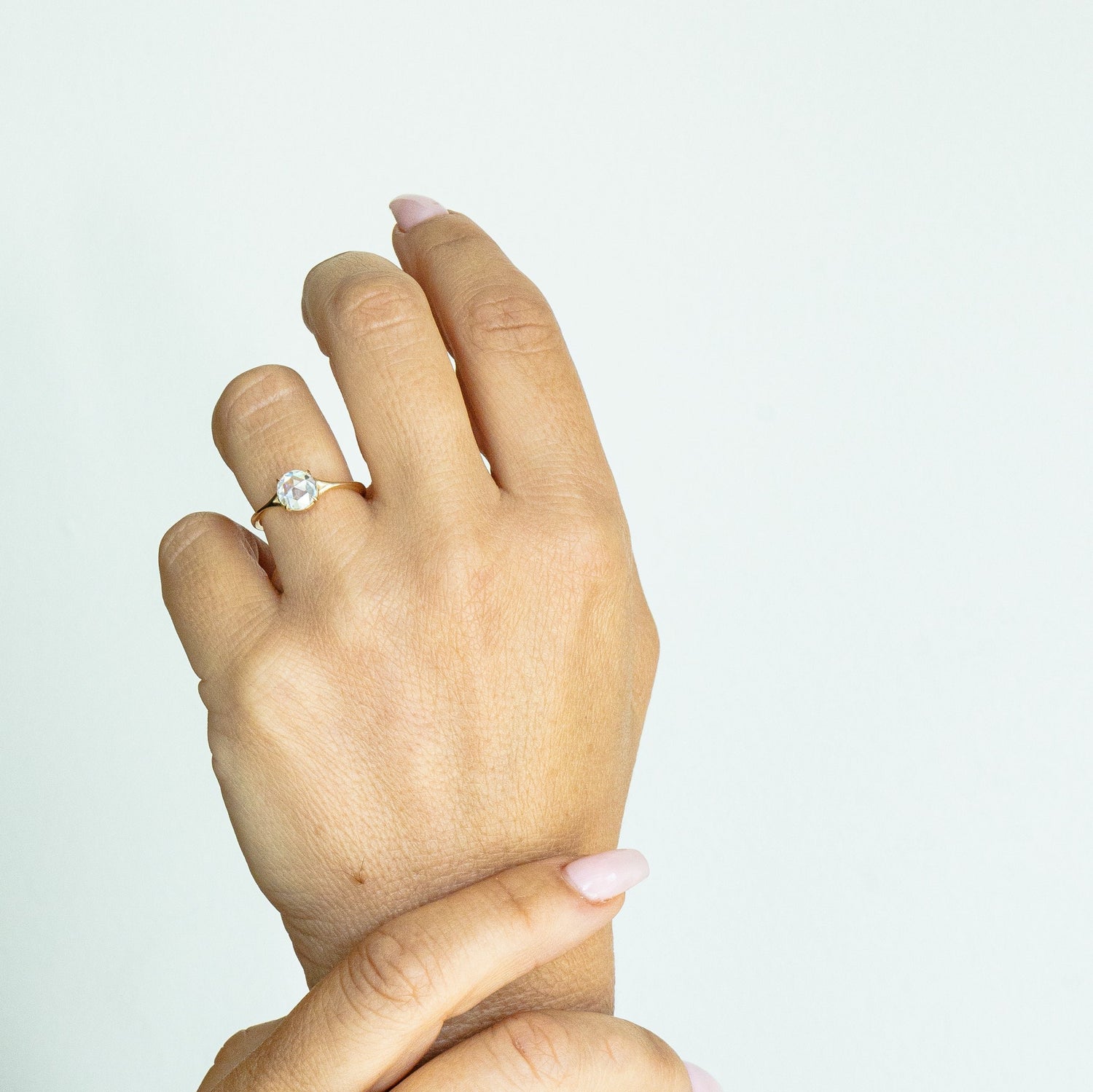 Wearing Round Rose Cut Center Stone Ziva Ring
