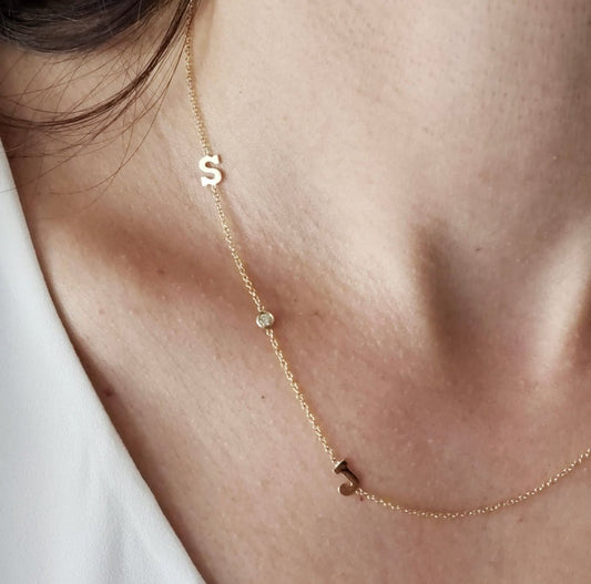 Double Initial & Bezel Diamond Personalized Necklace