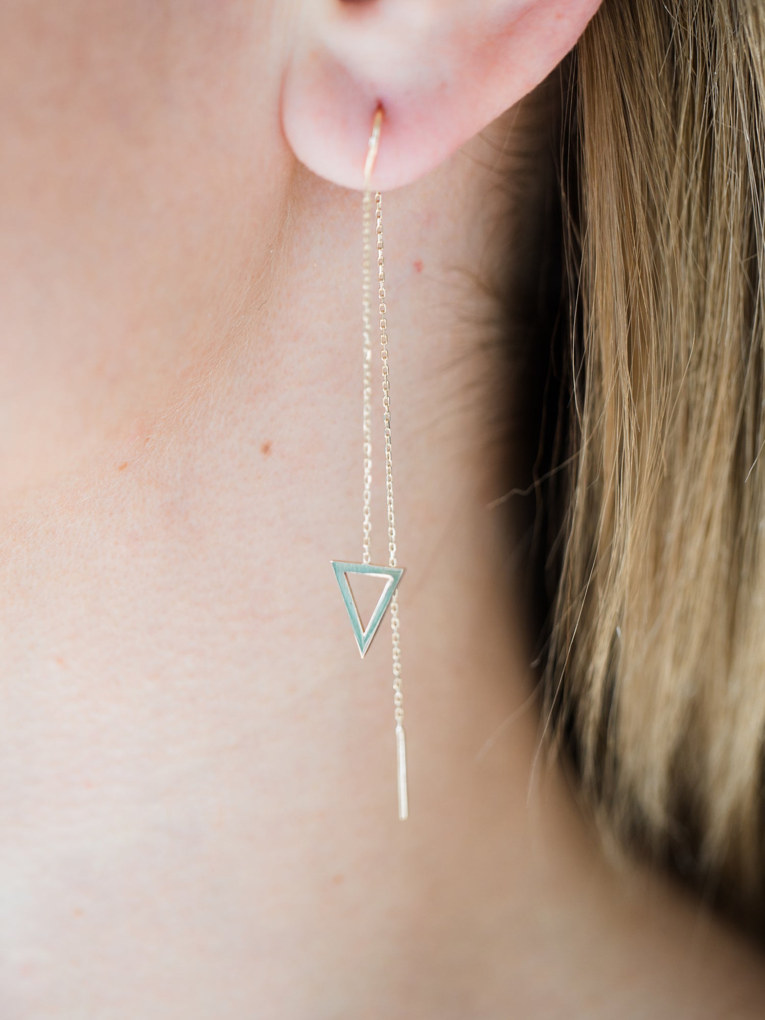 Wearing Open Triangle Threader Earrings