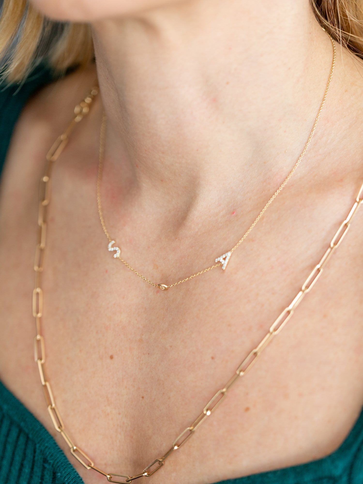Wearing Diamond Asymmetric Initial Personalized Necklace