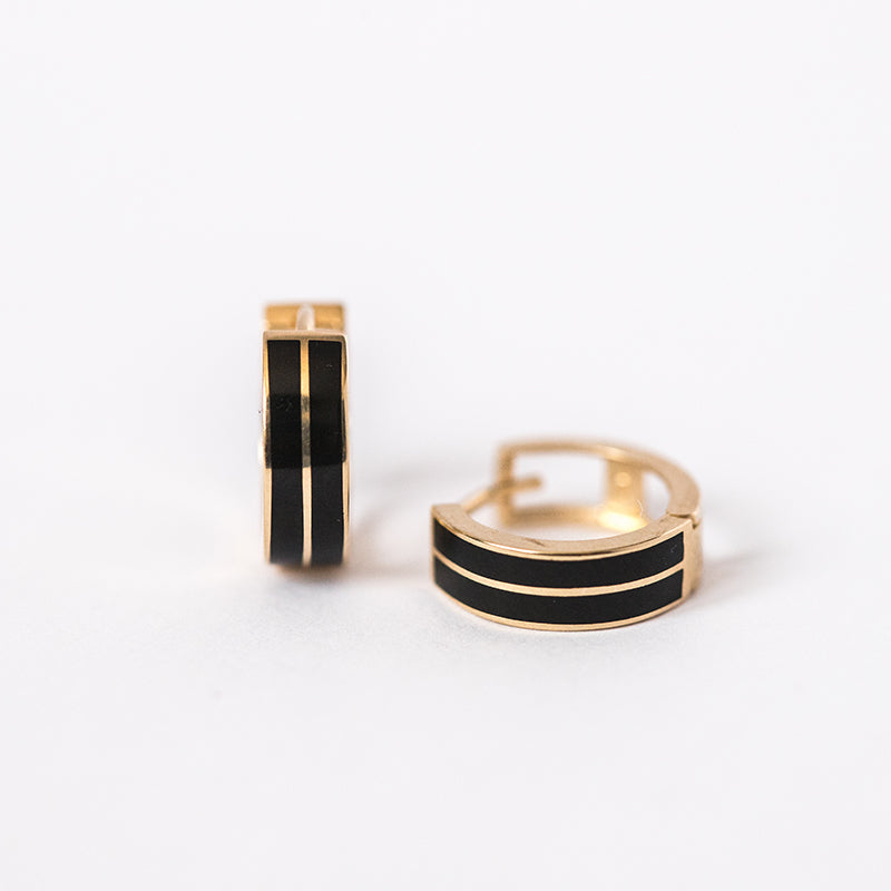 Black Enamel and Gold Huggie Double