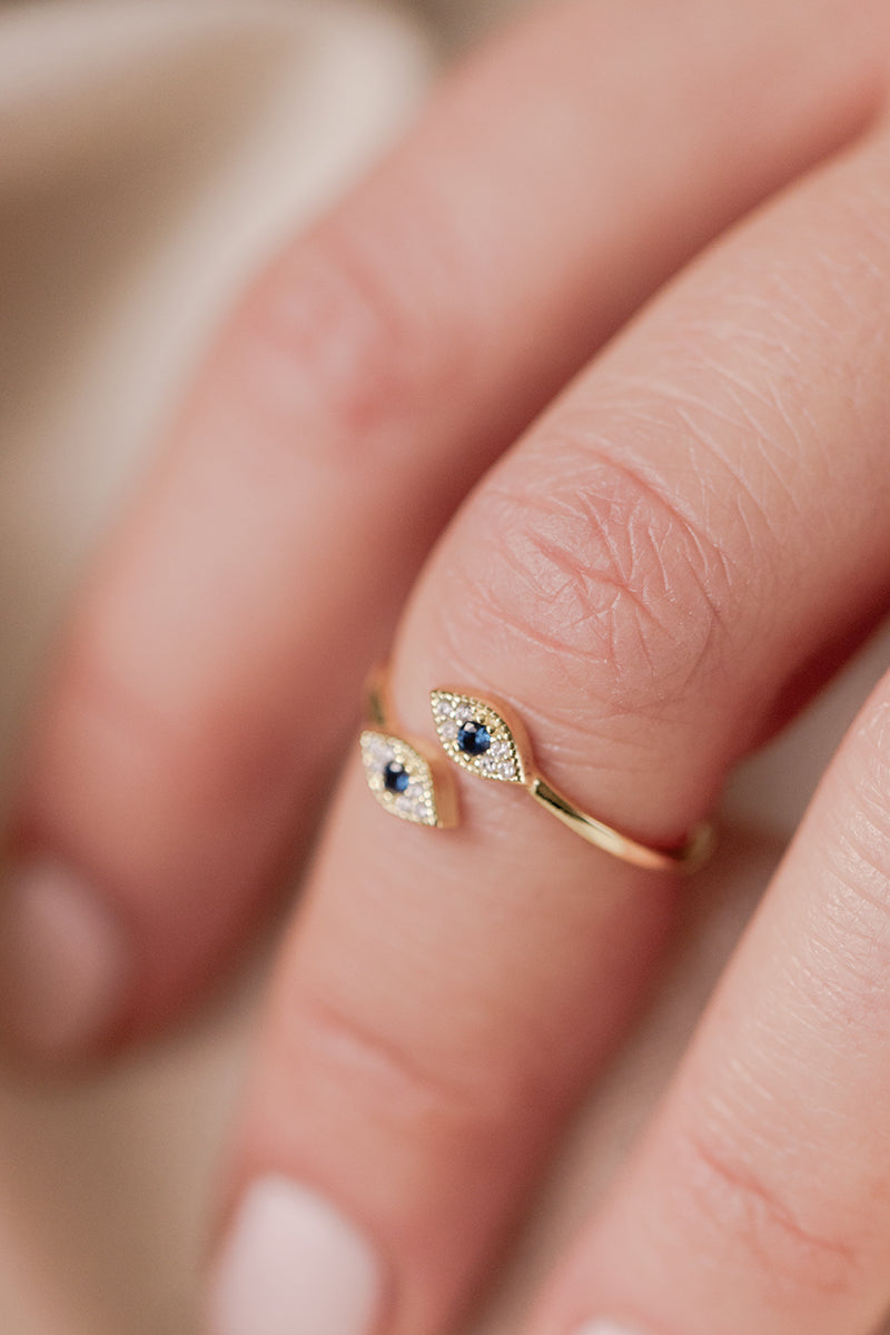 Double Mini Evil Eye Diamond and Blue Sapphire Ring - Close View