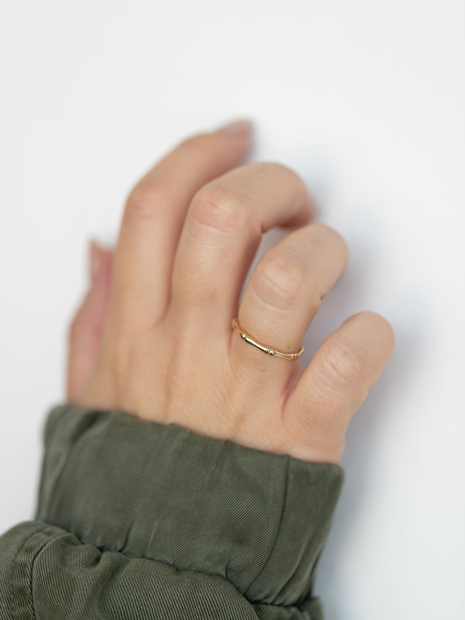 Wearing 14K Solid Gold Dainty Bamboo Ring